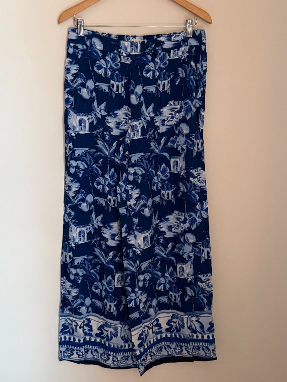 Mediterranean Print Wide Leg Blue & White Flowy Resort Beach Pants